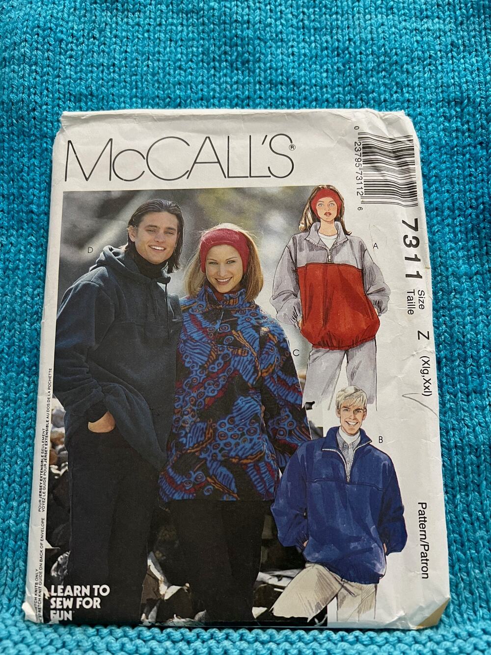 McCalls 7311 Sewing pattern pullover quarter zip 1980s size XL XXL